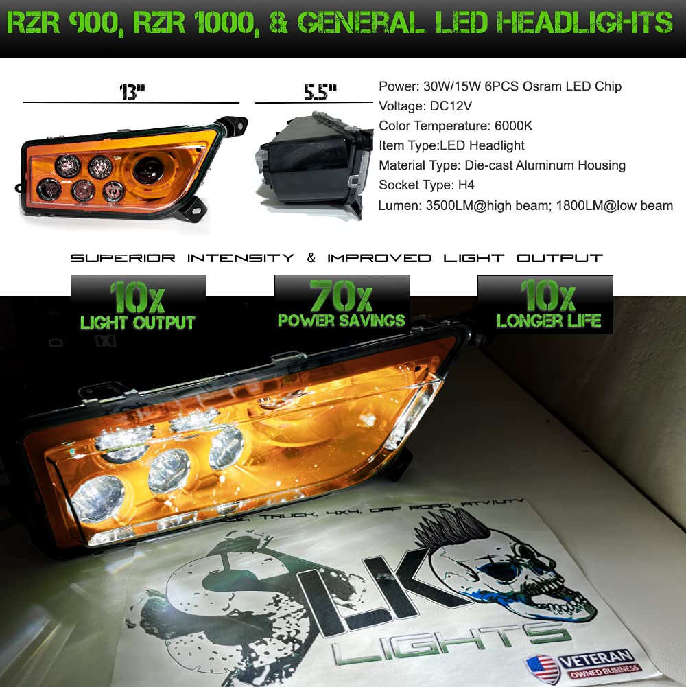 2024 Upgraded SLK Lights LED Headlight Kit - Compatible with Polaris RZR 900s, RZR 1000 XP Turbo & General (2014-2024 Models) | High-Performance Off-Road Lighting | Perfect for Night Trail Riding & Dune Bashing (Orange Non-Halo Version)