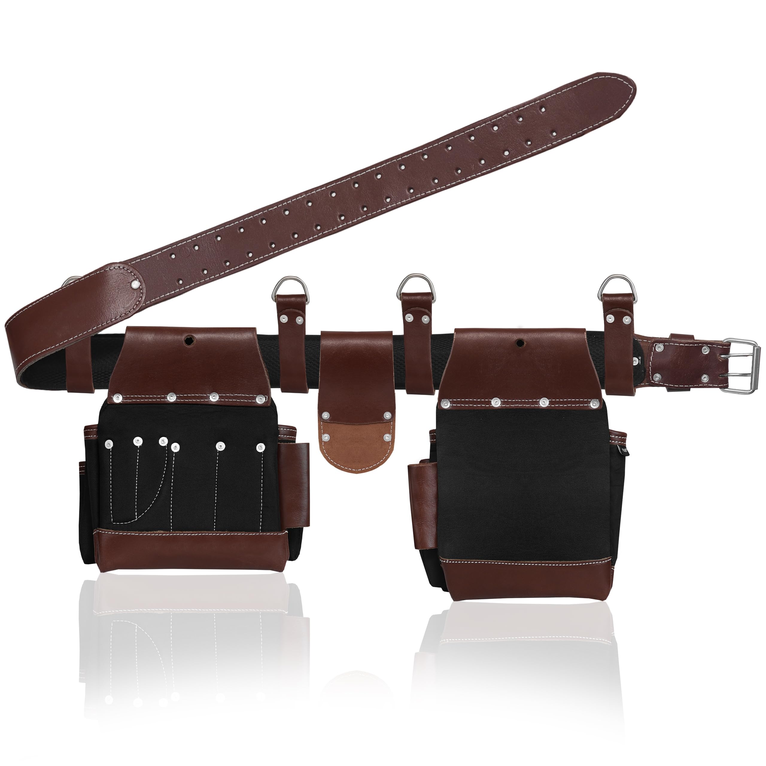 FUERI Heavy Duty Nylon & Leather Tool Belt for Men - Carpenter, Electrician, Construction Work Belt with Multiple Pouches & Organizer (Black/Brown) - Perfect for Framing, Renovation & DIY Projects