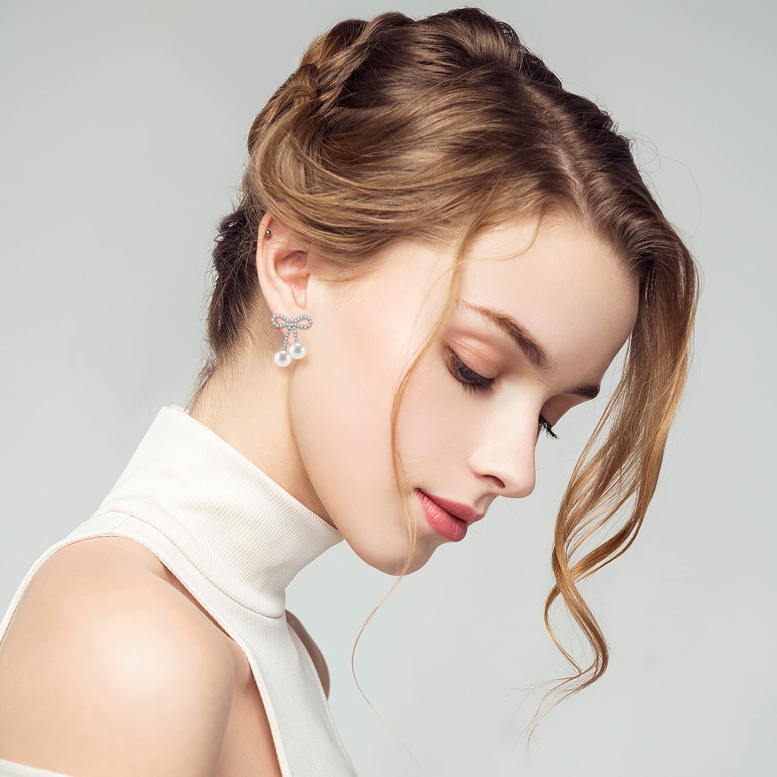 PLwelth Pearl Drop Bow Earrings for Women - Elegant Rhinestone Dangle Tassel Earrings | Perfect Gift for Her, Birthday, Christmas & Special Occasions | Great for Parties, Weddings & Evening Events