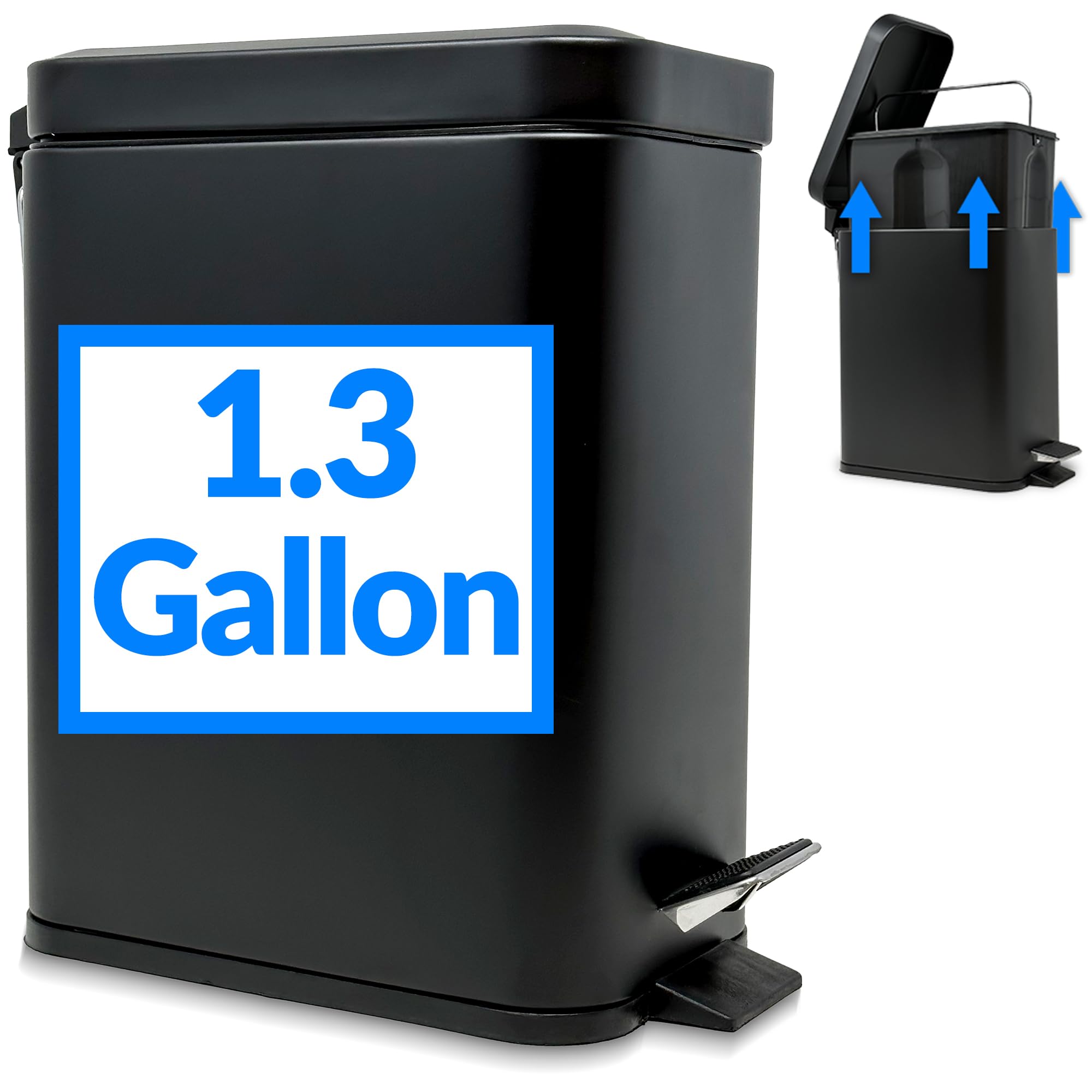 Stainless Steel Small Trash Can with Lid - 1.3 Gallon (5 Liter) Step Pedal Garbage Bin | Matte Black Rectangular Metal Wastebasket for Bathroom & Kitchen | Removable Bucket for Easy Cleaning | Compact Space-Saving Design for Offices, Dorms & Small Rooms
