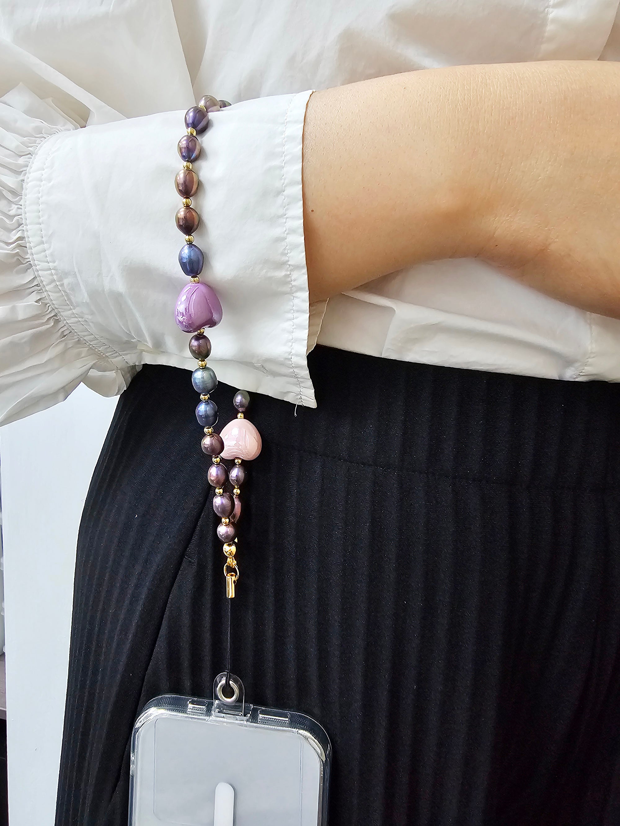 Elegant Purple Freshwater Pearl with Pink Heart Charm Phone Strap - Perfect for Smartphones, Keychains & Gift Giving