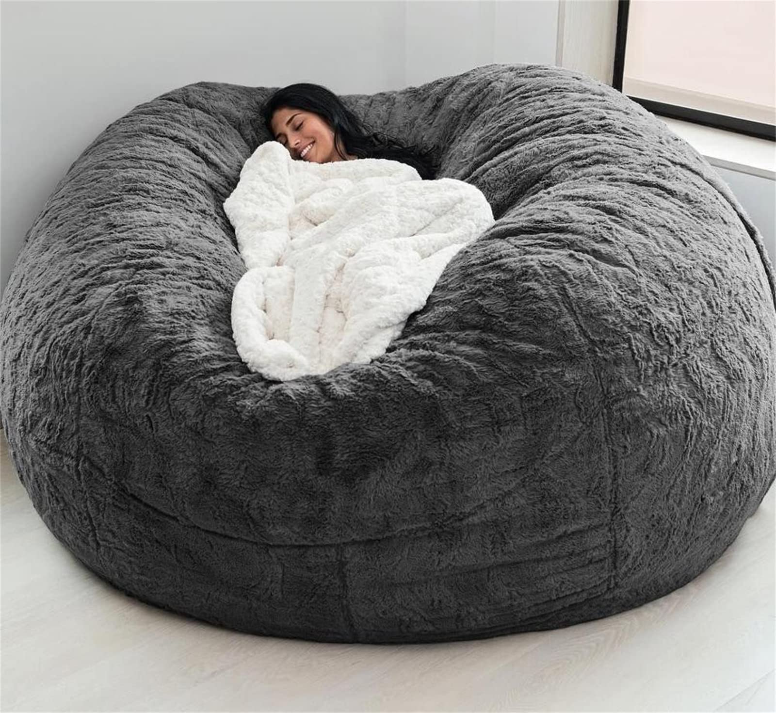 6FT Giant Bean Bag Cover - Soft Fluffy Fur Storage Chair & Sofa Bed Cover for Living Room, No Filler Included (Grey) - Perfect for Lounging, Gaming & Cozy Home Decor