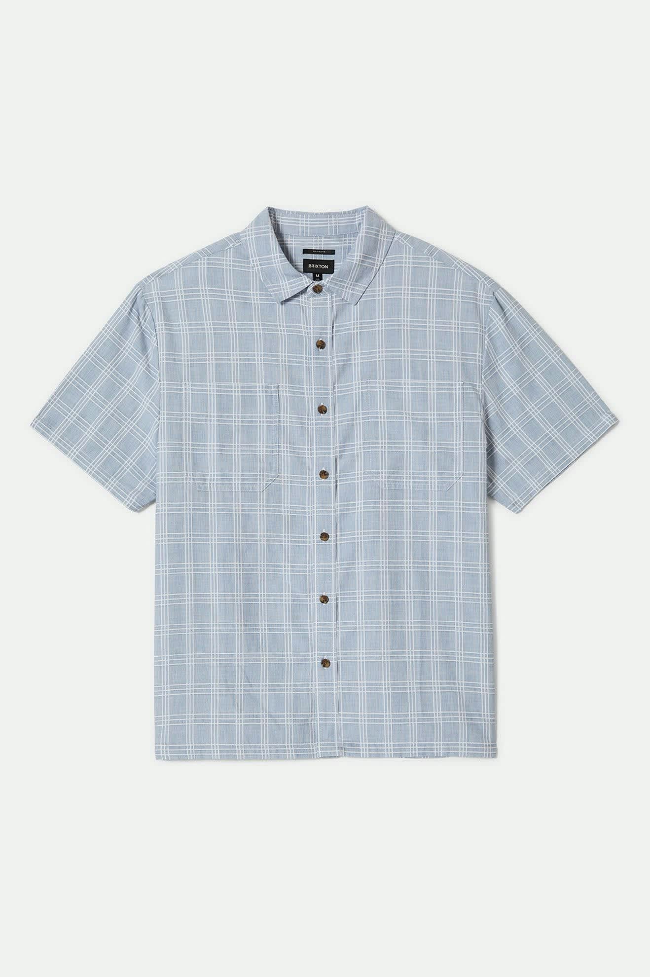 CRU Oxford Plaid Relaxed Short Sleeve Shirt for Men - Light Blue & White Checkered Pattern - Casual Summer Wear for Office, Outdoors & Travel