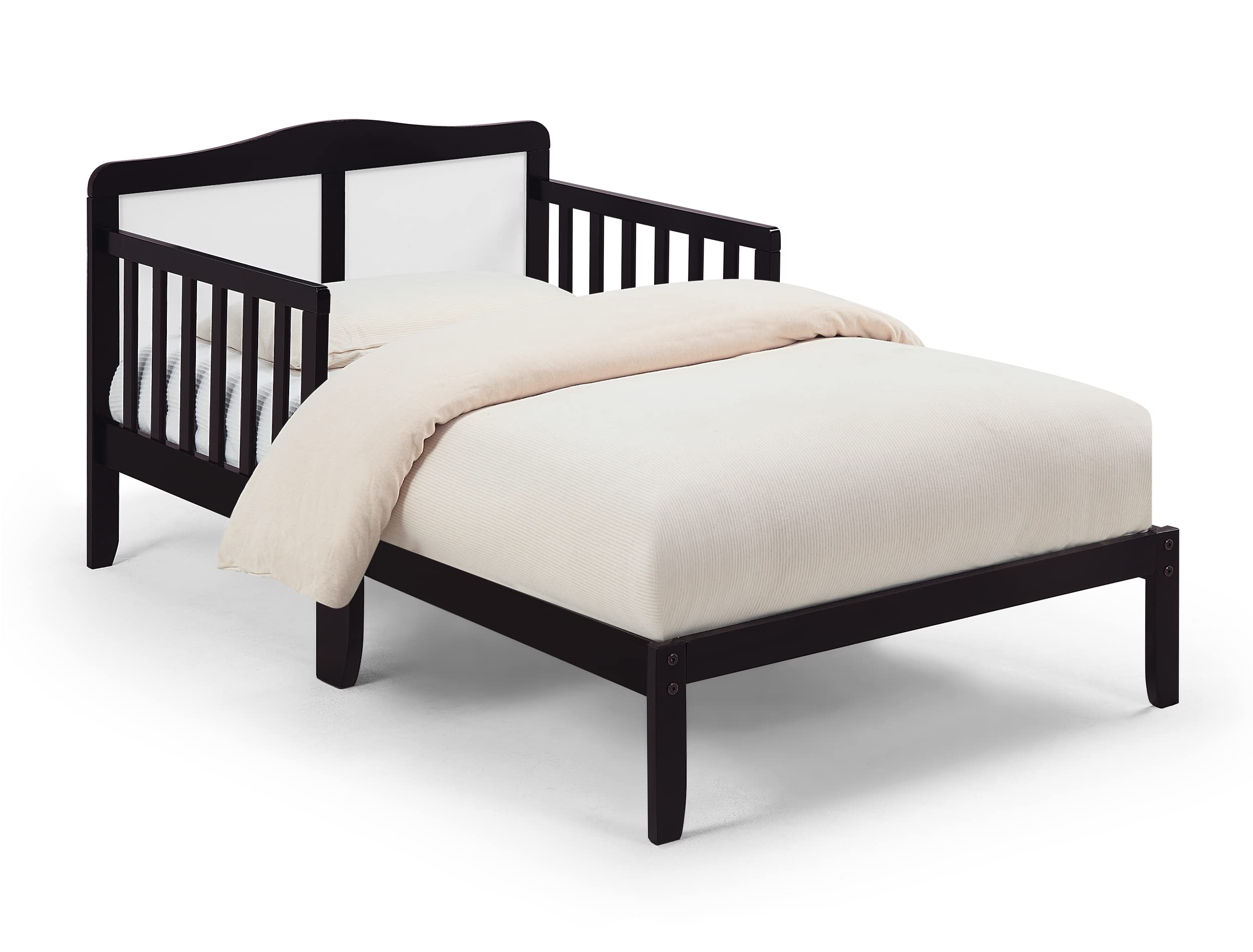 HONHPD Solid Rubber Wood Toddler Bed Frame with Safety Guardrail - Full Size Crib Mattress Compatible (Mattress Not Included) - Classic Kids Bedroom Furniture for Boys & Girls - Espresso Finish - Perfect for Nursery, Daycare, or Home Bedroom