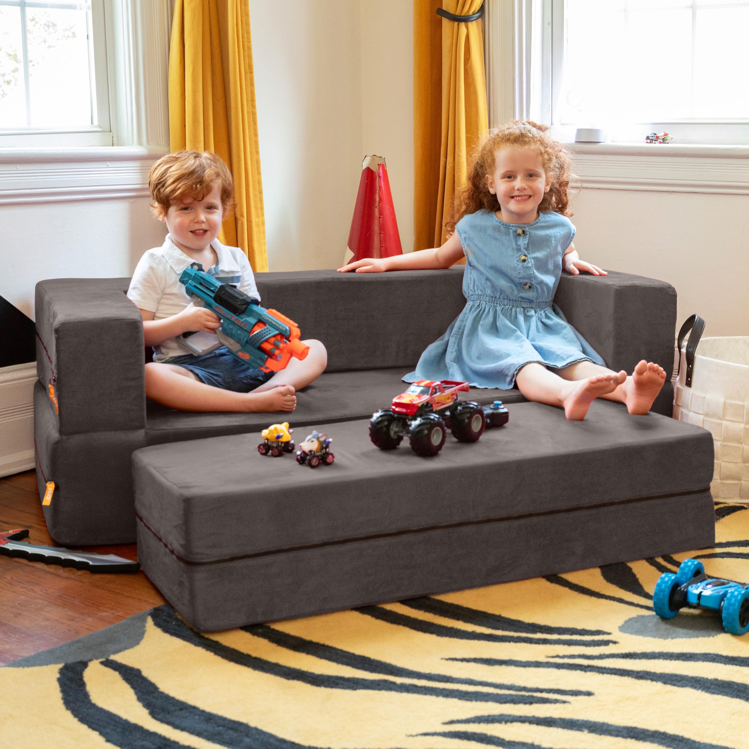 Jaxx Zipline Kids Sofa with Large Ottoman - 3-in-1 Fold Out Convertible Sofa Bed for Big Kids, Charcoal Gray - Perfect for Playrooms, Bedrooms & Sleepovers