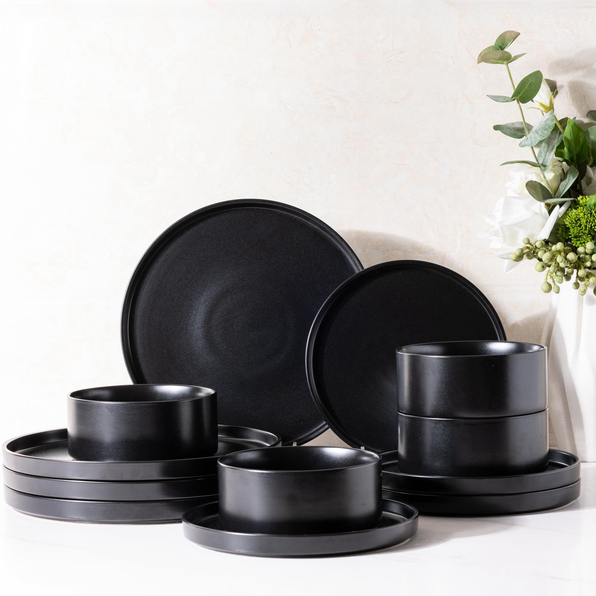 GBHOME 16-Piece Stoneware Dinnerware Set for 4 - Chip & Scratch Resistant Ceramic Plates & Bowls - Dishwasher, Microwave & Oven Safe - Reactive Glaze Black - Perfect for Family Dinners, Entertaining & Everyday Use