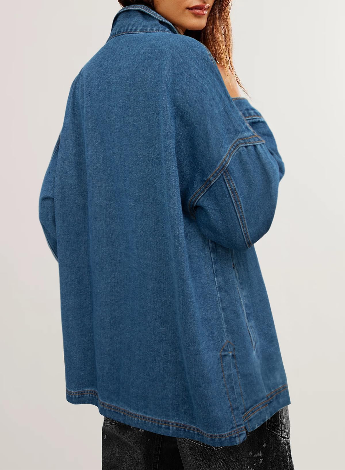 Sidefeel Women's Oversized Boyfriend Denim Jacket - Long Sleeve Button Up Jean Jacket with Split Hem | Casual Streetwear, Spring/Fall Layering Essential for Women's Fashion