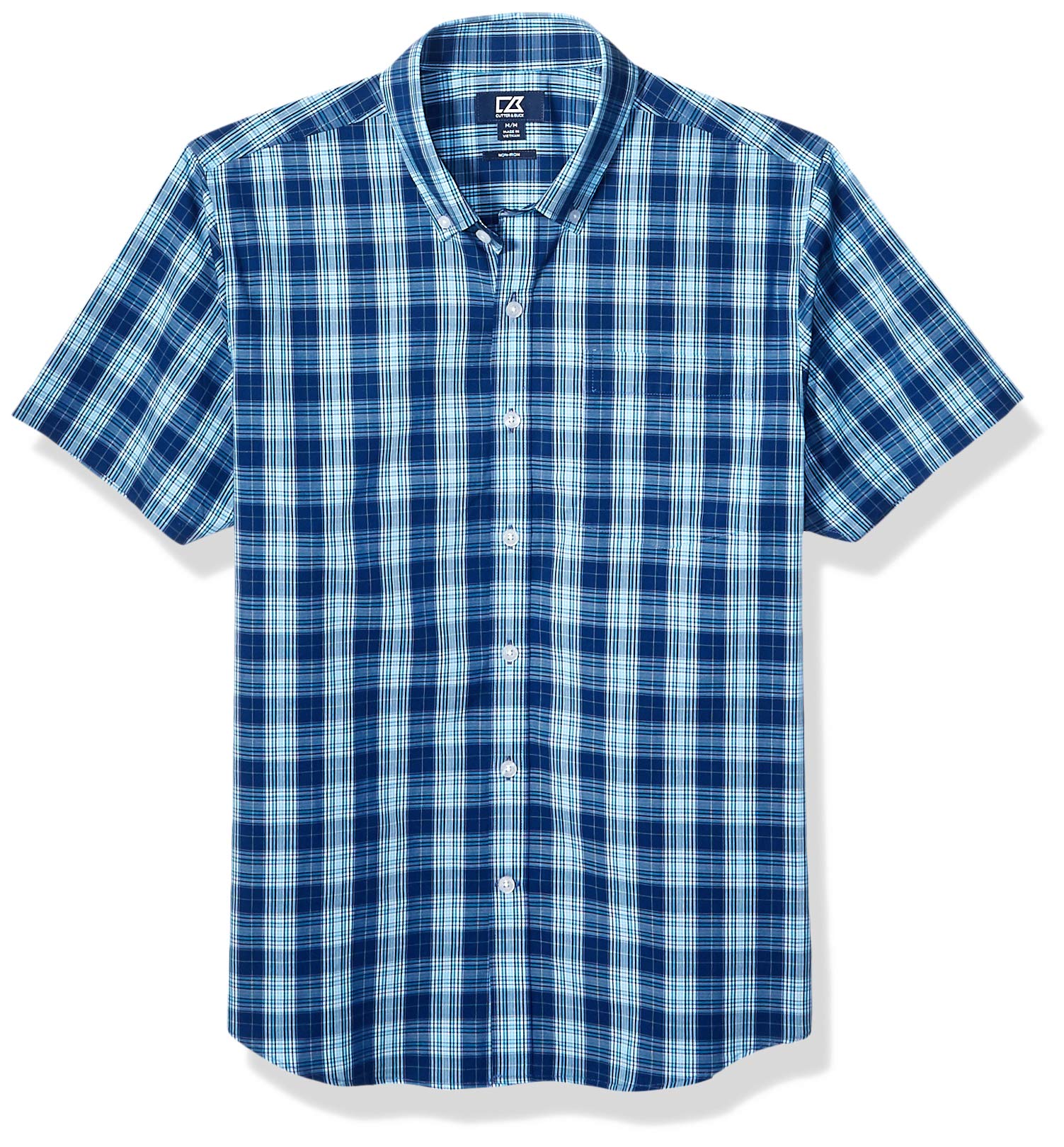 Cutter & Buck Men's Short Sleeve Button Up Shirt - Casual Plaid Work Shirt for Business & Outdoor Activities, Breathable Comfort Fit, Indigo Blue, XXL