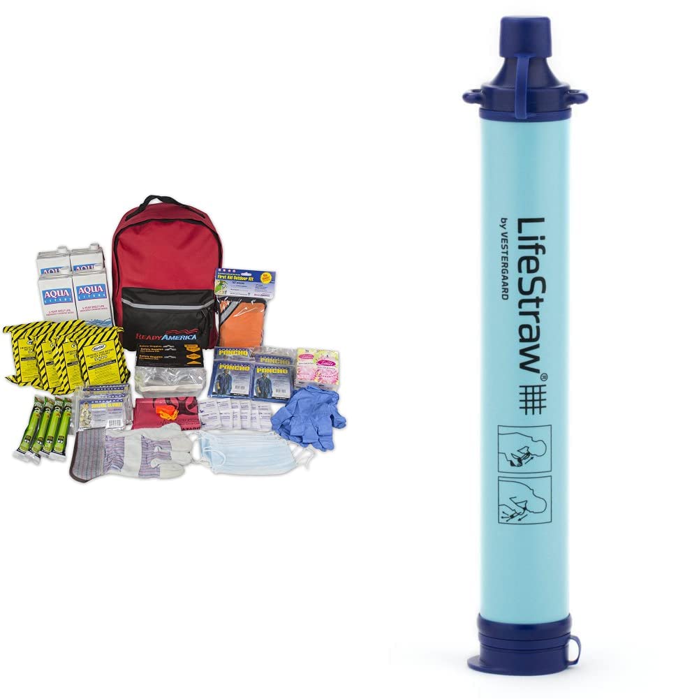 Ready America 70380 72-Hour Emergency Survival Kit (Red) & LifeStraw Personal Water Filter (Blue) - for Hiking, Camping, Travel & Emergency Preparedness - Perfect for Outdoor Adventures, Natural Disasters & Emergency Situations