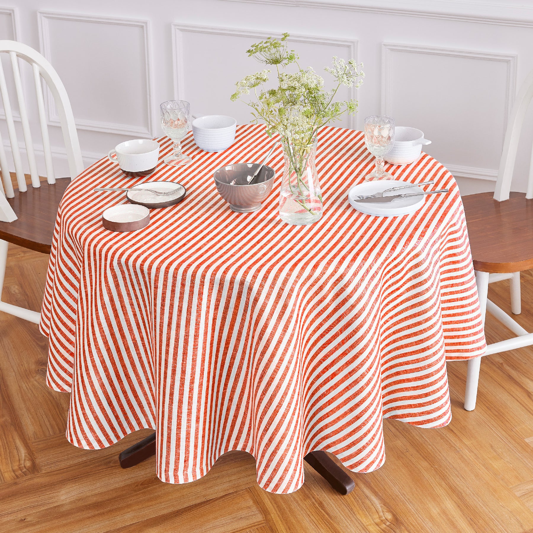 Amalfi Stripe Round Tablecloth - Waterproof & Stain-Resistant 60-Inch Dining Table Cover for Indoor/Outdoor Use - Perfect for Parties, Picnics, and Family Gatherings
