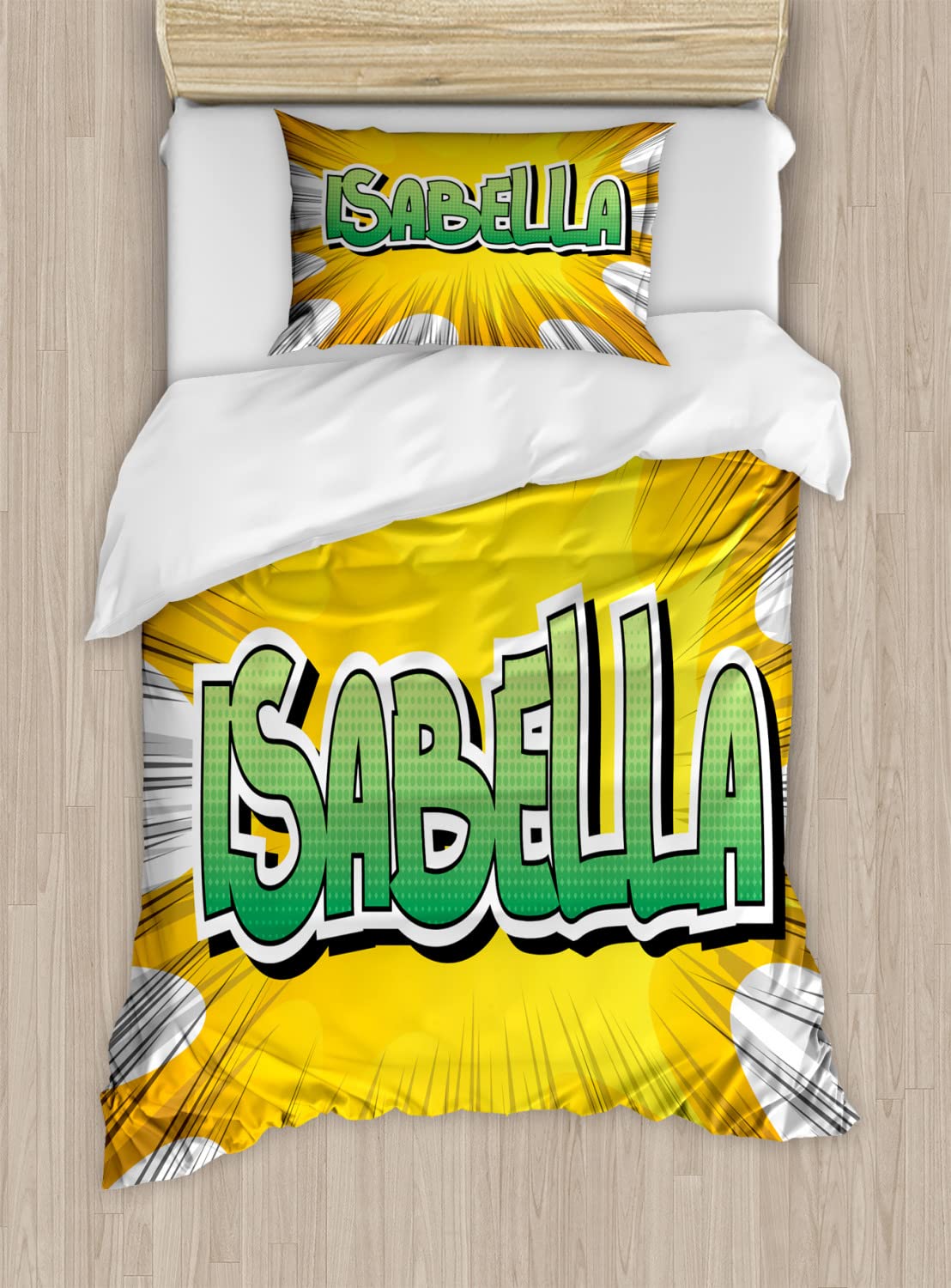 Ambesonne Isabella Duvet Cover Set - Retro Cartoon Design with American Birth Names, 2-Piece King Size Bedding (Yellow, Green & White) - Perfect for Kids' Rooms, Dorm Decor & Themed Bedrooms