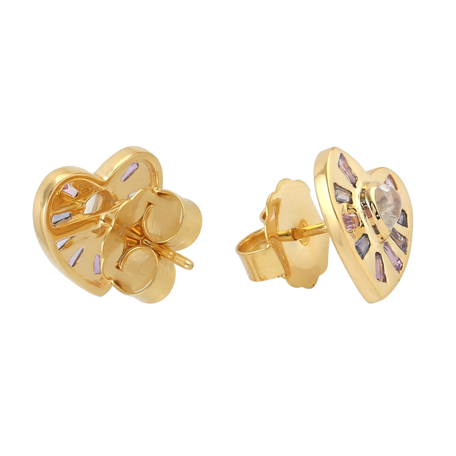 18K Gold Heart Earrings with Baguette Sapphire & Tanzanite - Elegant Multi Gemstone Jewelry for Weddings, Parties & Special Occasions