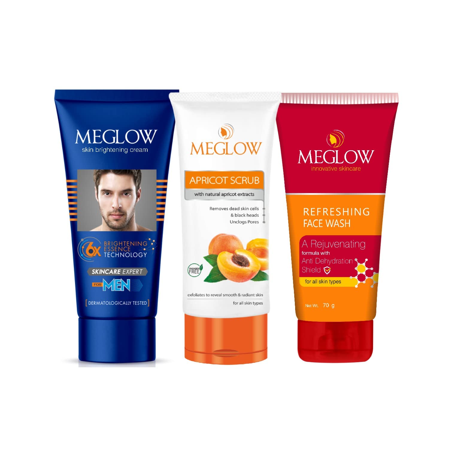 **Meglow Men's Skincare Kit - 3-Piece Set with Fairness Cream (50g), Apricot Scrub (70g), & Refreshing Face Wash (70g) | Aloe Vera, Vitamin E, Natural Extracts | Brightens, Exfoliates & Cleanses | Perfect for Daily Skincare & Gifts**