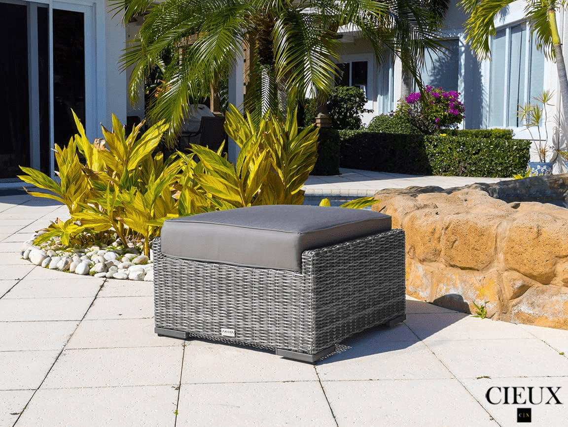 Grey Riviera Outdoor Patio Wicker Ottoman with Sunbrella Canvas Charcoal Cushions - Waterproof & Durable for Poolside, Garden & Deck Relaxation