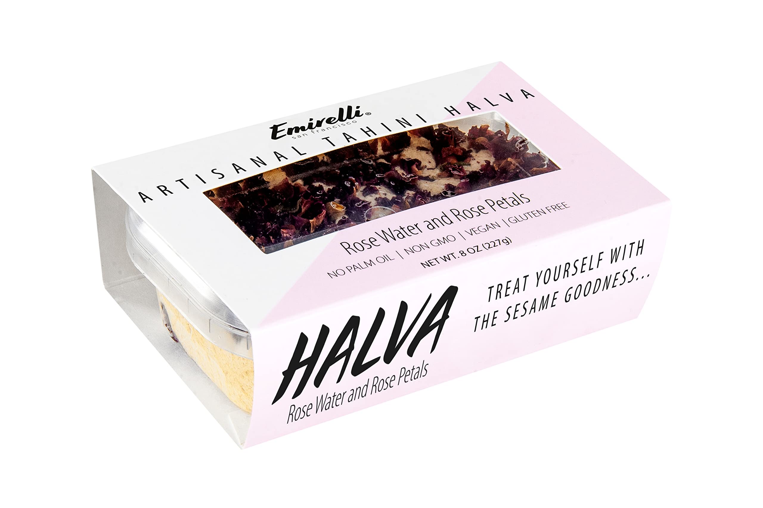Premium Emirelli Artisanal Halva Dessert - Authentic Middle Eastern Tahini Candy | Vegan Turkish Sweets 55% Tahini Halwa | Traditional Halvah with Rose Water & Petals | Perfect for Gifts, Snacking & Middle Eastern Cuisine | Pack of 1