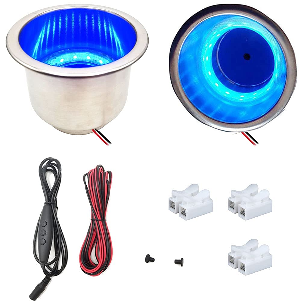 EASYEAH 2Pcs Stainless Steel LED Cup Holder with Drain - Blue Marine Boat RV Camper Drink Holder Insert for Boats, Cars, Trucks & Outdoor Adventures