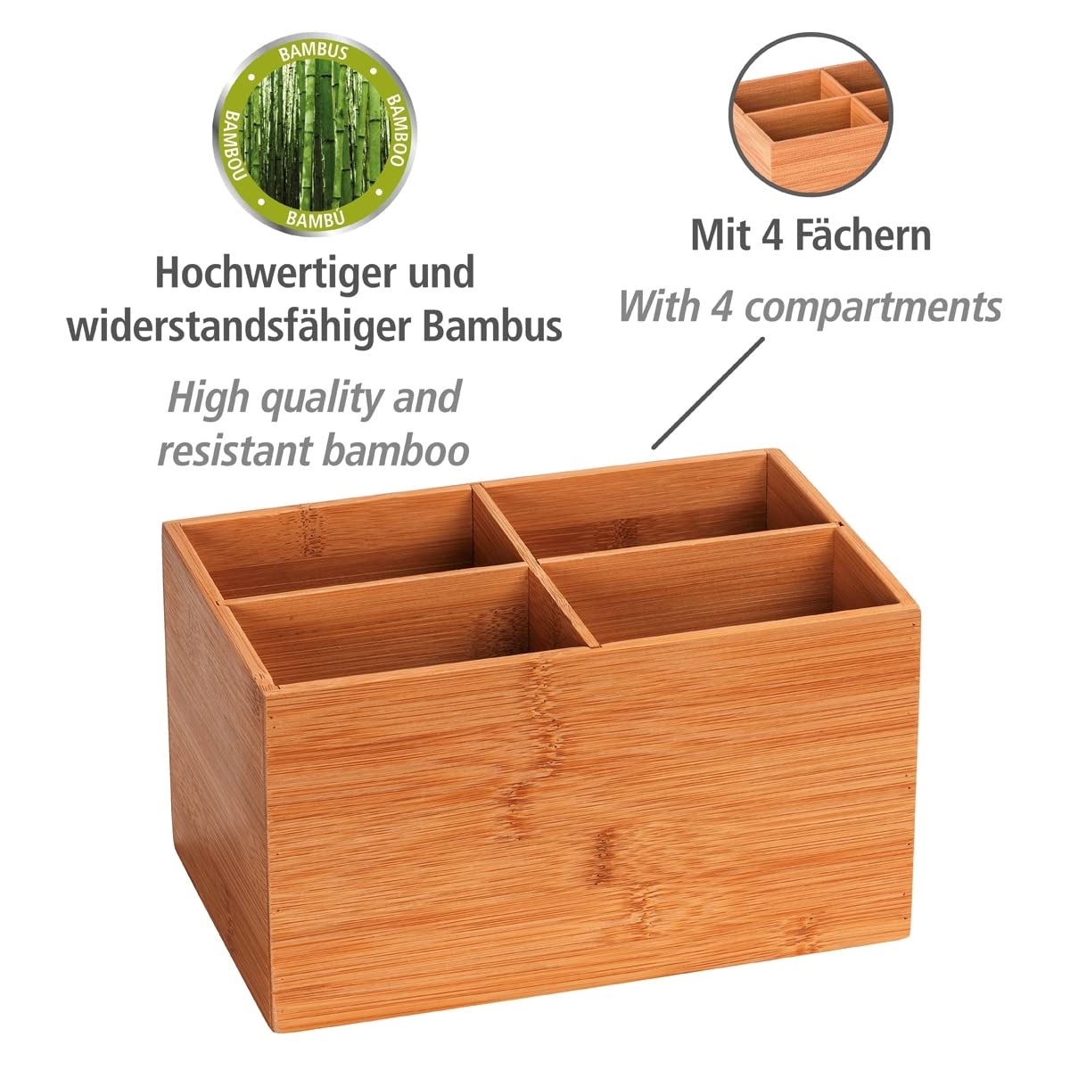 Wenko Terra Bamboo Organizer Box with 3 Compartments - Natural Brown Bathroom Storage Basket | Perfect for Organizing Makeup, Toiletries & Small Essentials in Bathroom, Bedroom or Office
