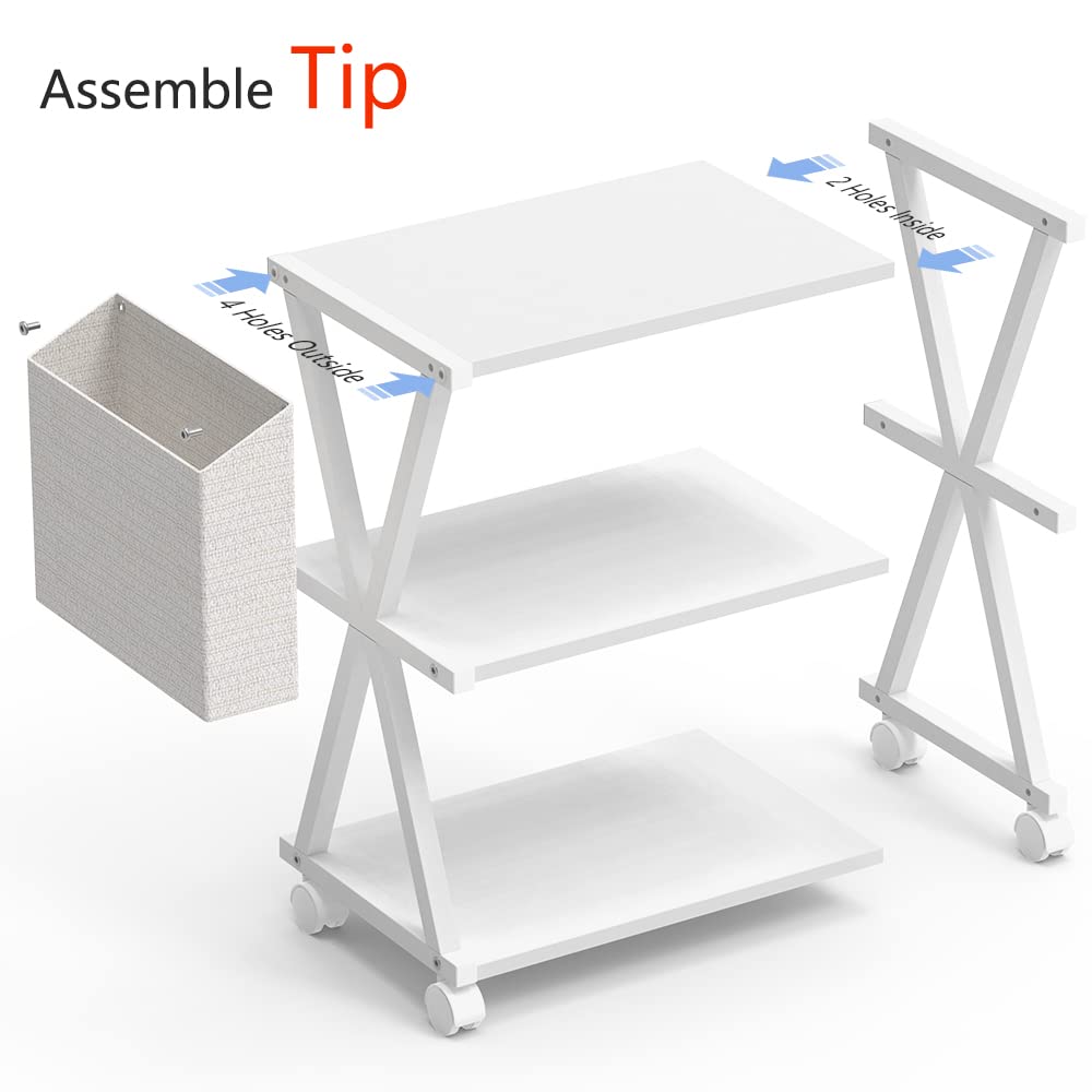 VEDECASA White 3-Tier Mobile Printer Stand - Wood Shelf & Metal Frame Printer Cart with Storage Bag & Rolling Caster Wheels for Home Office | Under Desk Printer Organizer for Laser, Inkjet Printers & Office Supplies Storage