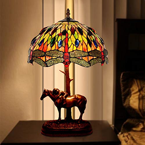 Tiffany Style Dragonfly Stained Glass Table Lamp with Resin Horse & Child - Baroque Coffee Table Lighting for Living Room, Bedroom & Office Decor