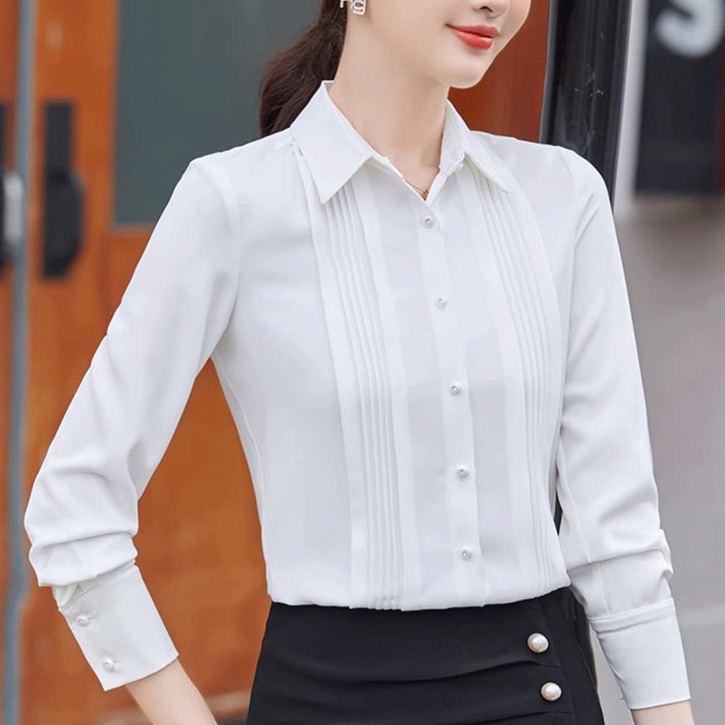 Elegant Autumn Women's Chiffon Blouse - Slim Fit Long Sleeve Formal Shirt for Work & Office Wear (White, Medium) | Perfect for Business Meetings, Office Attire & Professional Events