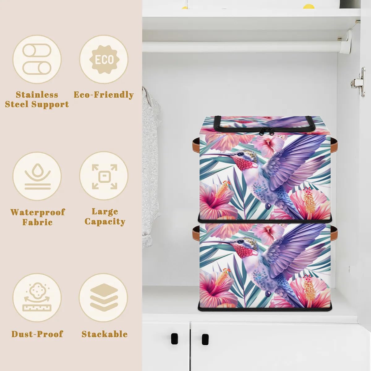 Waterproof Hummingbird Storage Boxes with Sturdy Handles - 2 Pack Zippered Storage Bins for Clothes, Toys & Home Organization | Perfect for Bedroom, Nursery & Closet Storage