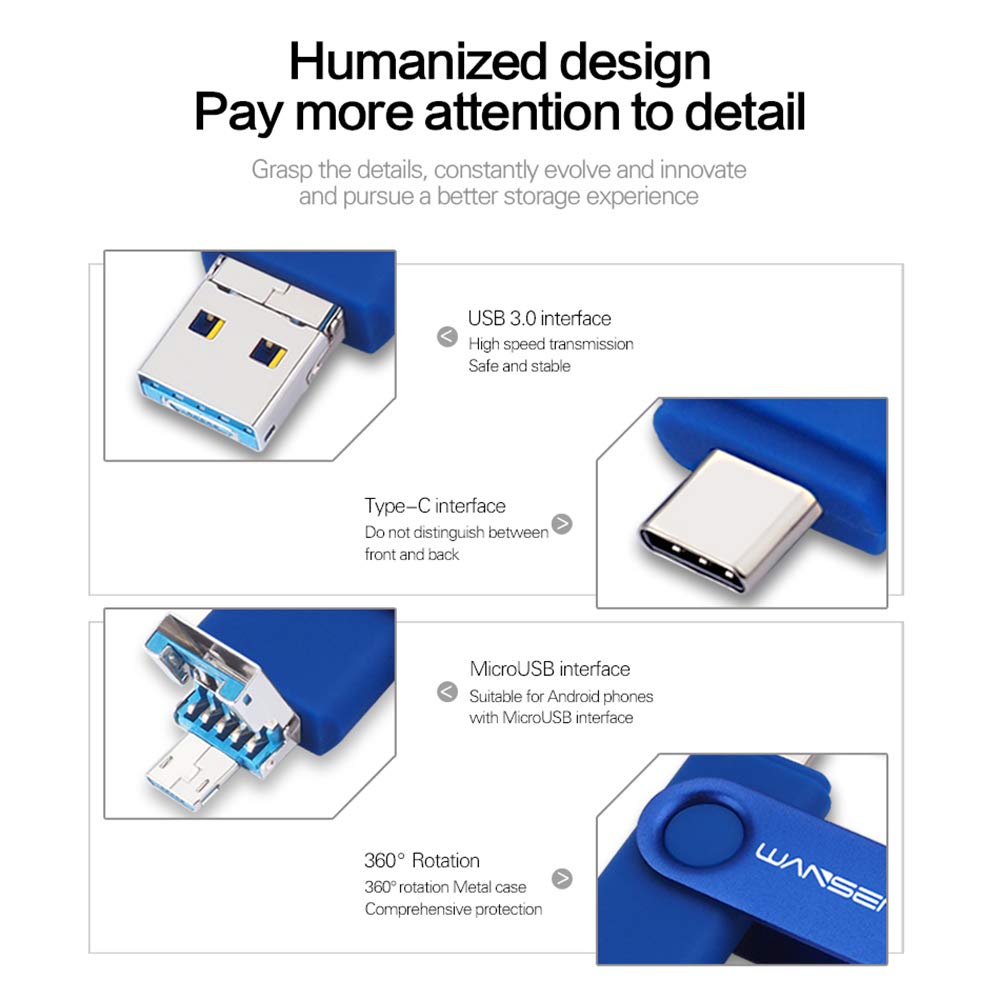 Wansenda 128GB 3-in-1 USB Flash Drive - USB 3.0/3.1, Type-C & Micro USB OTG Pen Drive - Compatible with Android, iPhone, PC, Mac, Tablet - High Speed Data Transfer - Perfect for Work, School & Travel (128GB, Blue)