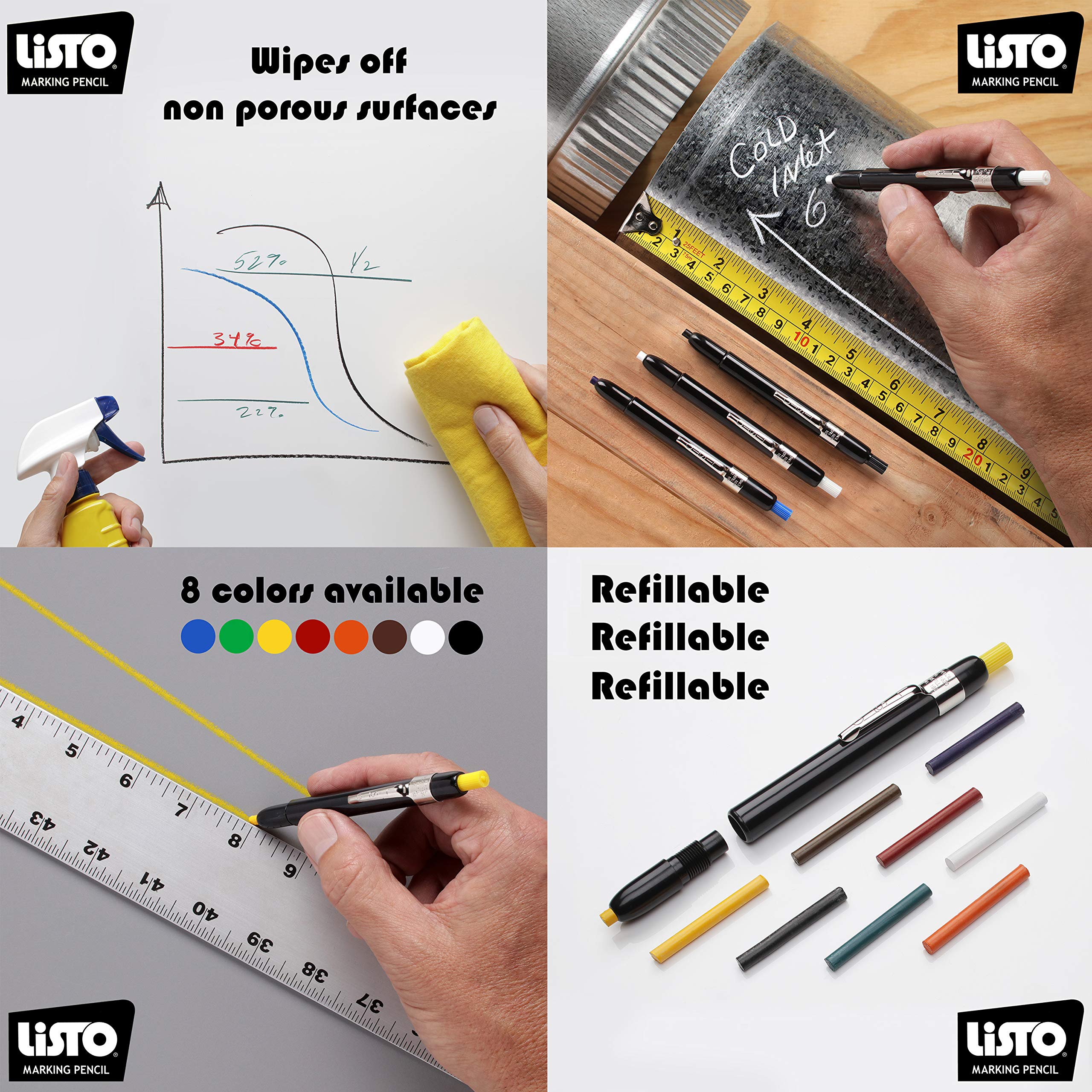 Listo 162 Black Grease Pencils - Box of 72 Refillable Wax Marking Pencils for Wood, Metal & Glass | China Markers for Construction, DIY & Industrial Use
