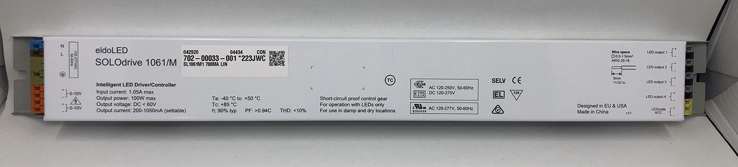 SOLOdrive 1061/M AC LED Driver 100W Constant Current 0-10V Dimming 4X 57V Outputs Side Feed Long Metal Housing - Perfect for Commercial Lighting, Architectural LED Applications, and Outdoor Landscape Lighting Systems