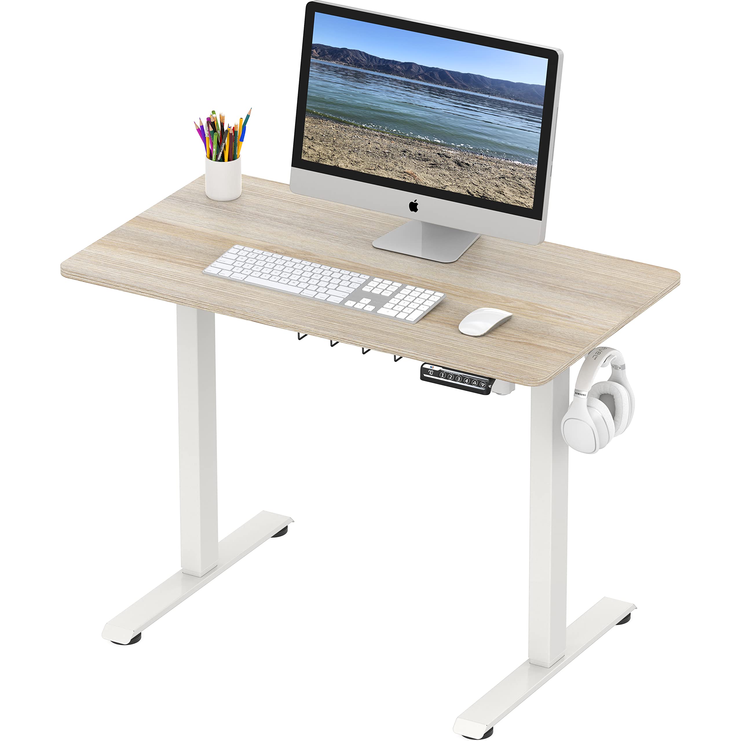 SHW 40 x 22 Inches Electric Height Adjustable Standing Desk - Sit to Stand Workstation with Hanging Hooks & Cable Management, White Frame & Maple Top - Perfect for Home Office, Gaming & Workspace Ergonomics