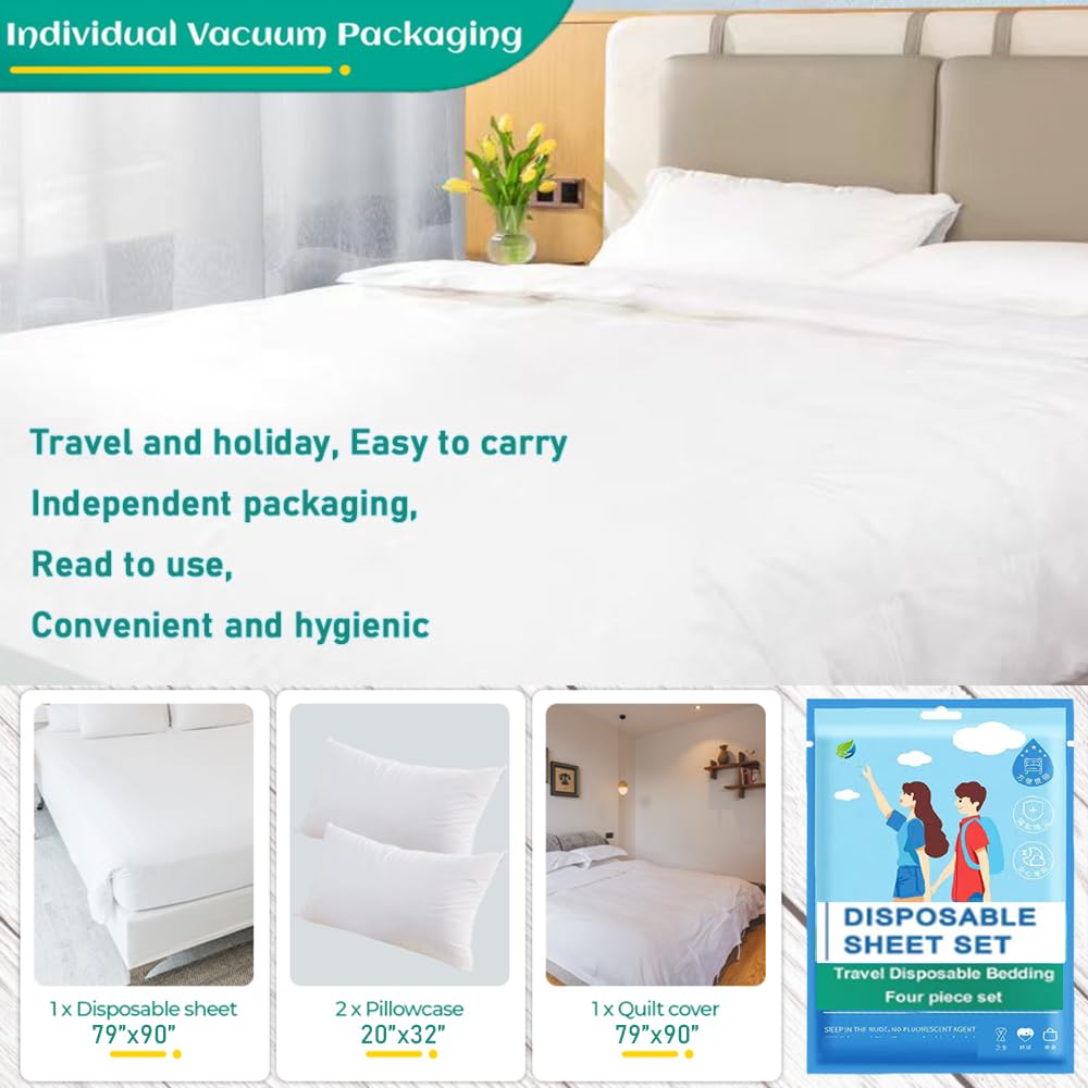 Disposable Bed Sheets Travel Bedding Set - King Size Portable Cotton Hotel Sheets with Quilt Cover & Pillowcase (4-Piece Pack) | Perfect for Travel, Camping, Business Trips & Emergency Essentials