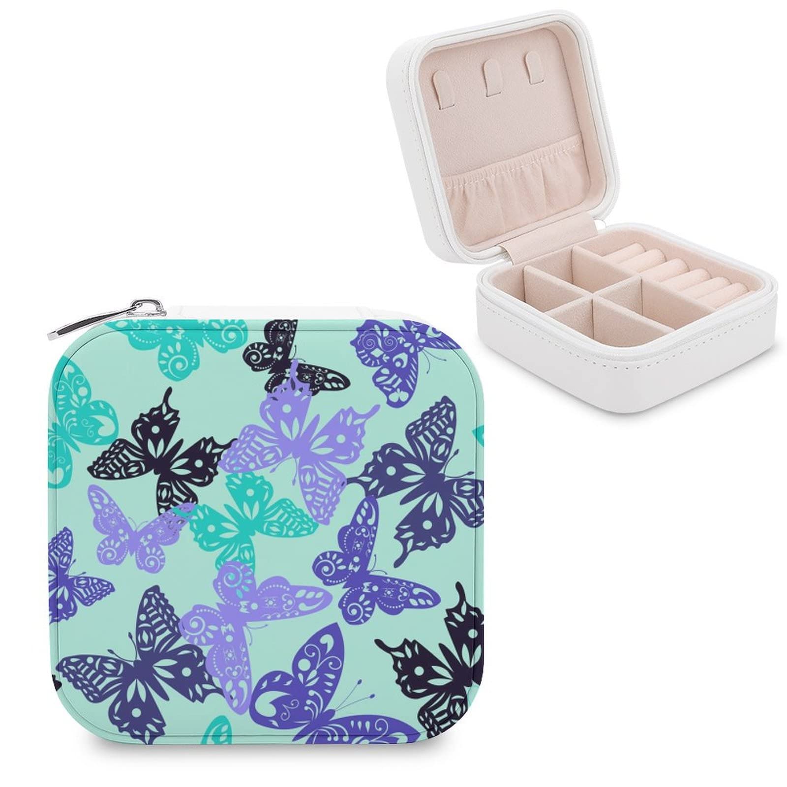 Elegant Jewelry Organizer Box with Zipper - Lightweight Travel Jewelry Case for Women, Bridesmaid Gifts - Perfect for Rings, Bracelets & Necklaces - Cute Butterfly Design in Teal - Ideal for Travel, Bridal Showers & Daily Jewelry Storage