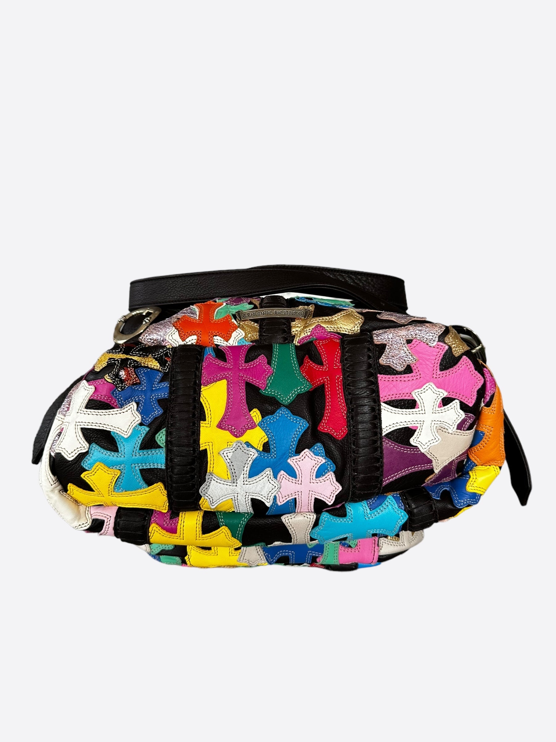 Chrome Hearts Black Multicolor Cross Patch Leather Backpack for Women & Men - Stylish Gothic Fashion Accessory for Travel, School & Daily Use