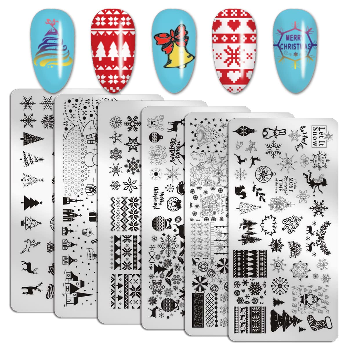 WOKOTO 6Pcs Christmas Nail Stamping Plates Set - Santa Claus, Elk & Snowflake Designs for Nail Art | Professional Nail Image Templates for Stamping Tools | Perfect for Holiday Manicures & Christmas Party Nail Designs