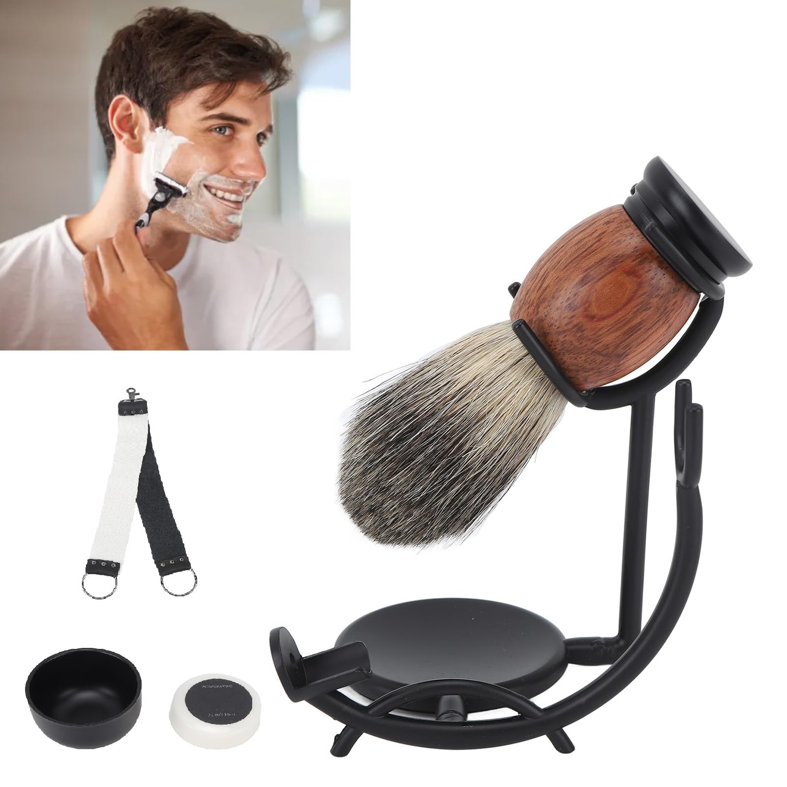 6Pcs Men's Shaving Kit with Badger Hair Brush, Razor & Bowl Set - Includes Shaving Soap, Sharpening Cloth & Resin Handle - Perfect Gift for Men & Home Barber Use