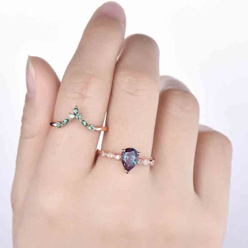 Classic Dora Pear Shaped Alexandrite Diamond Bridal Ring Set with Emerald Stackable Band | Elegant Wedding, Engagement & Anniversary Jewelry for Women