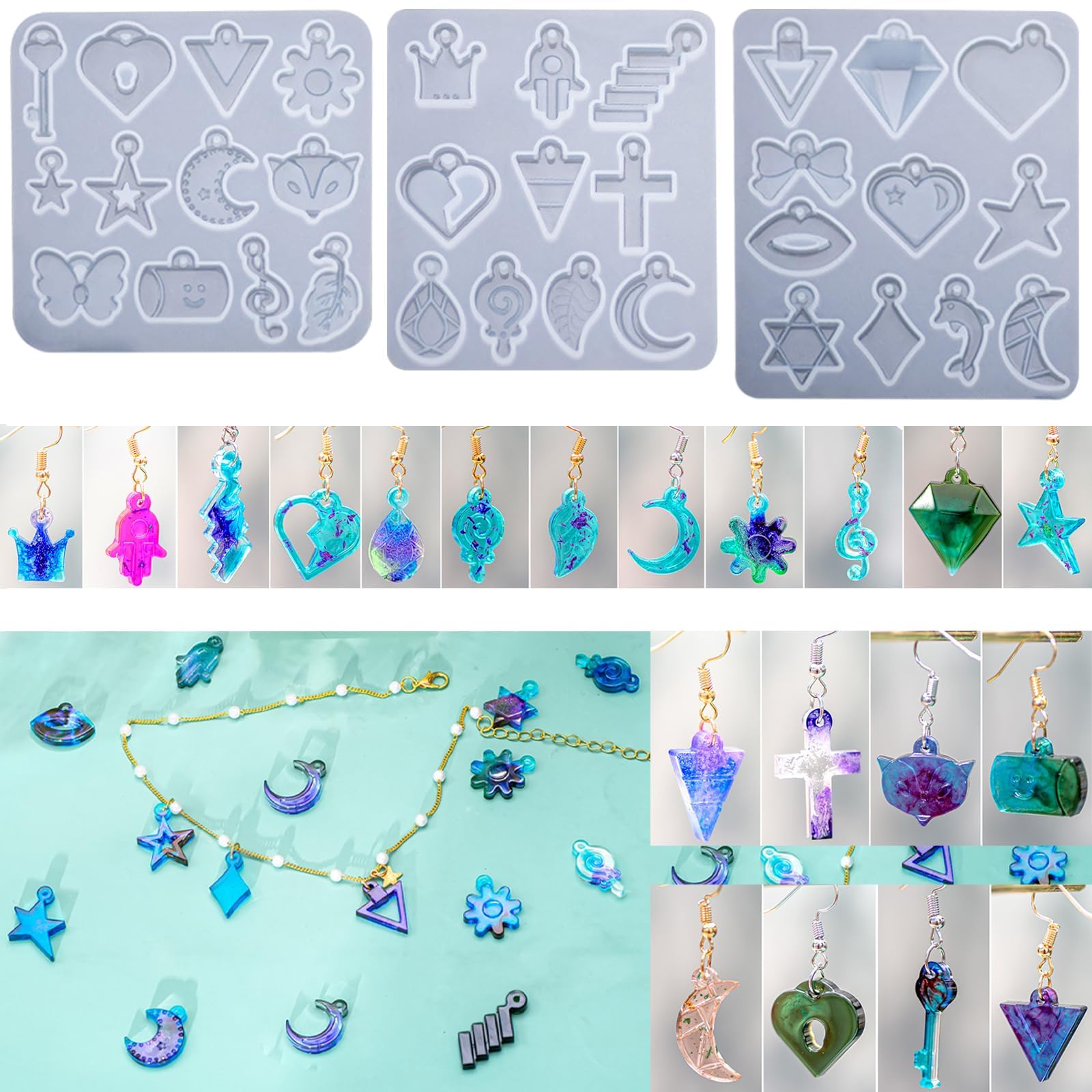 3 Pack Silicone Resin Earring Molds with Holes - Moon, Cross, Ocean, Animal, Plant & Heart Shapes for DIY Jewelry Making - Perfect for Tiny Stud Earrings, Pendants & Bracelet Charms (Great for Crafting, Gifts & Handmade Jewelry Business)