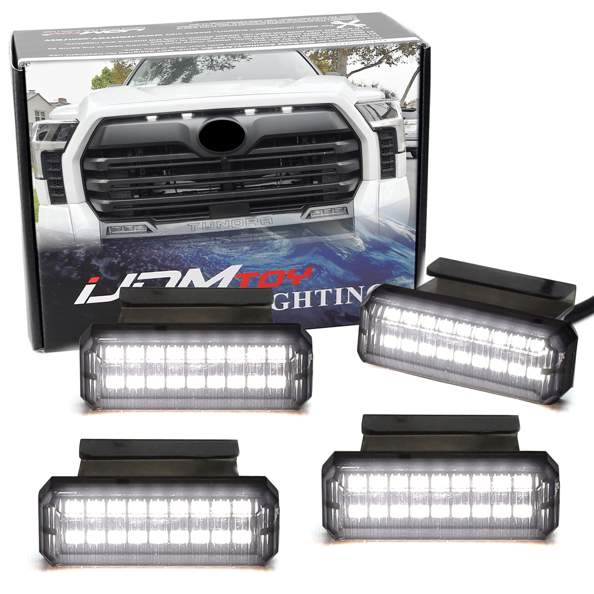 4-Piece Smoked Lens White Full LED Grille Accent Lighting Kit for 2022+ Toyota Tundra - Off-Road Style & Night Driving Enhancement