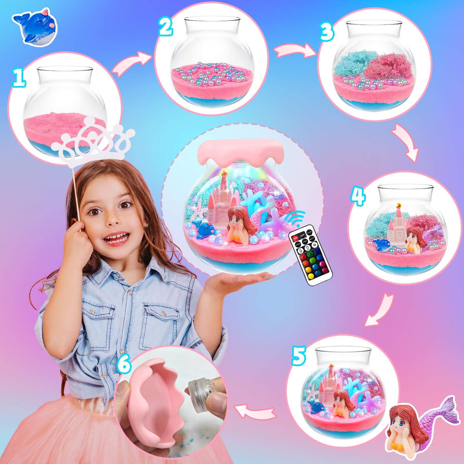 ADLKGG DIY Mermaid Terrarium Kit for Kids Ages 8-12 - Creative Ocean Night Light Craft Set, Educational STEM Toys for Girls - Perfect for Birthday Gifts, Room Decor & Sensory Play Activities