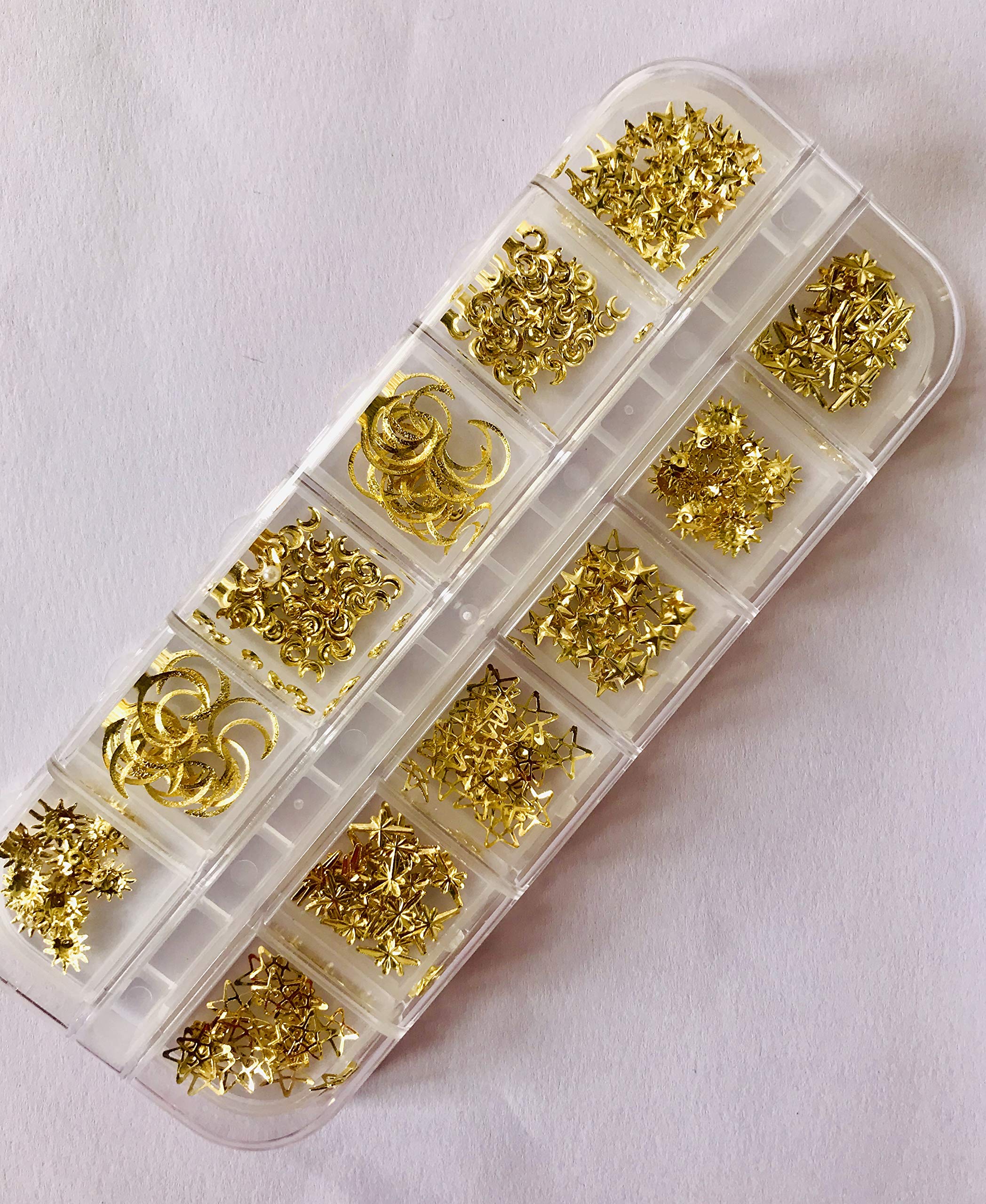 12-Pack Mixed Gold Metal Studs for Nail Art - DIY Non Hotfix Flatback Rhinestones for 3D Nail Decorations - Perfect for Manicures, Acrylic Nails & Salon Use