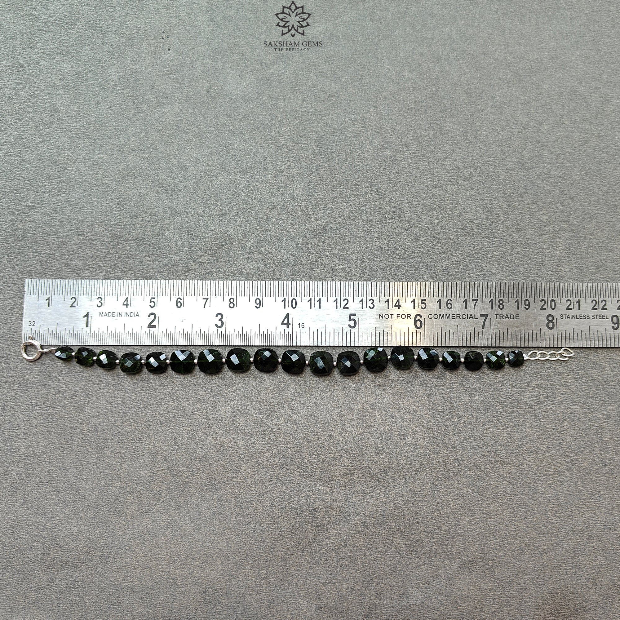 Chrome Diopside Gemstone Beads Bracelet - 8mm Green Checker Cut Beads with 925 Sterling Silver - 11.59gms Healing Crystal Jewelry for Meditation, Yoga & Spiritual Energy Balancing