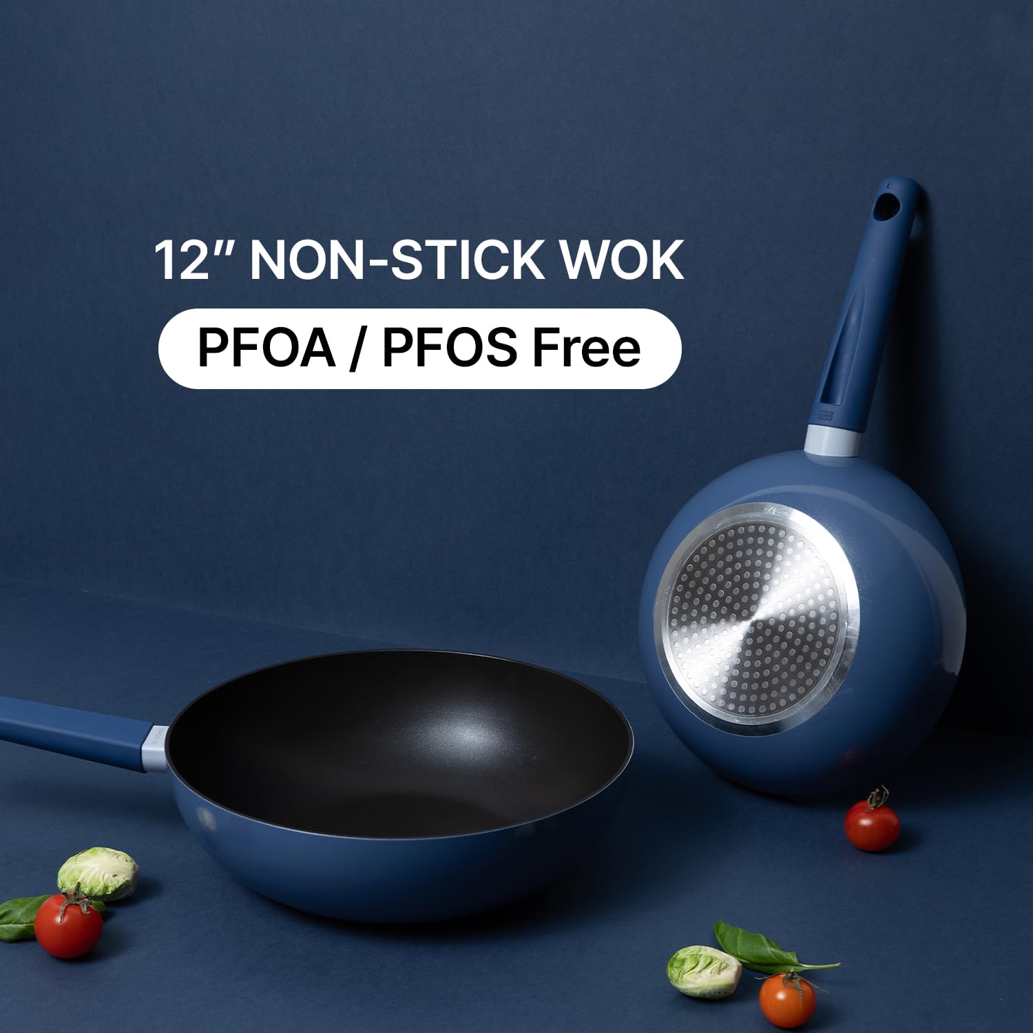 Dr.HOWS Allday 12-Inch Nonstick Wok Pan - PFOA/PFOS Free Stir Fry Pan with Heat-Resistant Bakelite Handle - Works on Gas, Induction, Ceramic & Electric Stoves - Bijou Blue - Perfect for Asian Cooking, Stir Frying & Healthy Meal Prep