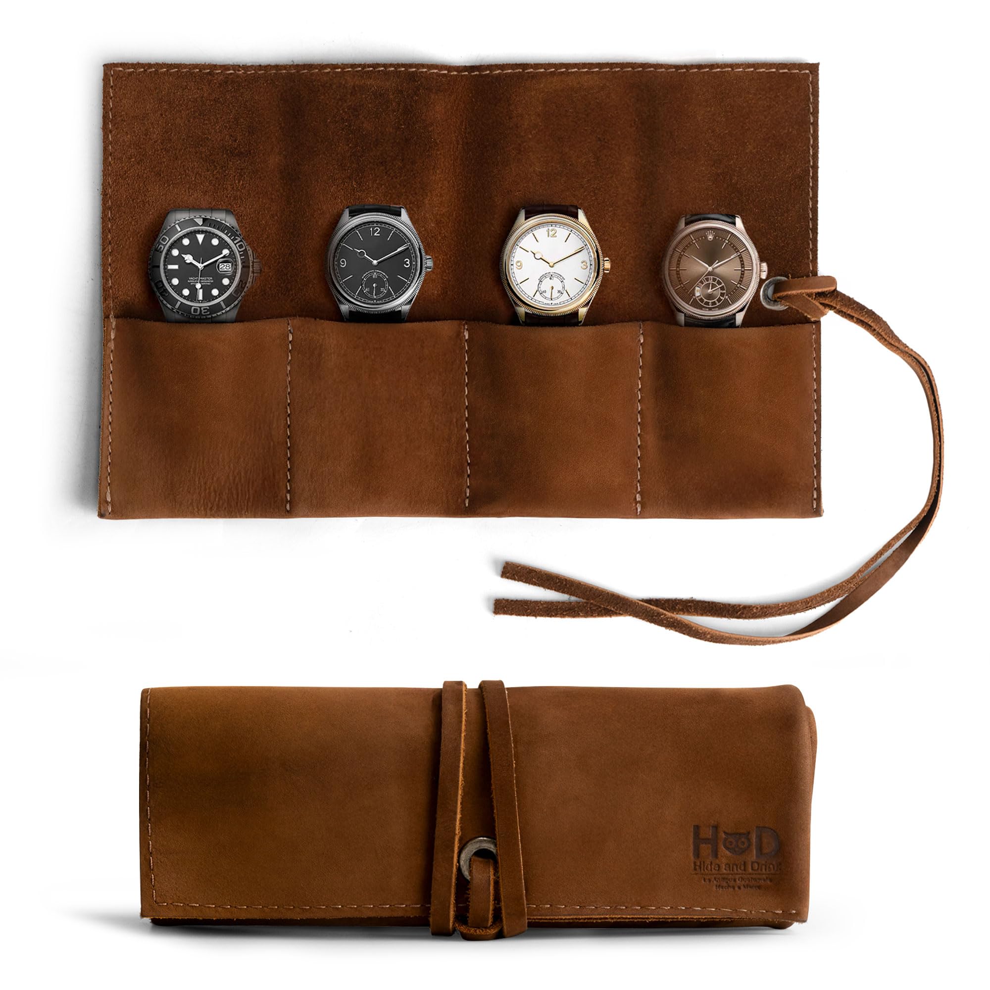 Premium Leather Watch Roll Organizer - Handmade Full Grain Leather Watch Case Holds 4 Watches - Travel-Friendly Watch Storage for Men & Women - Perfect for Business Trips, Travel & Watch Collection (Swayze Suede)