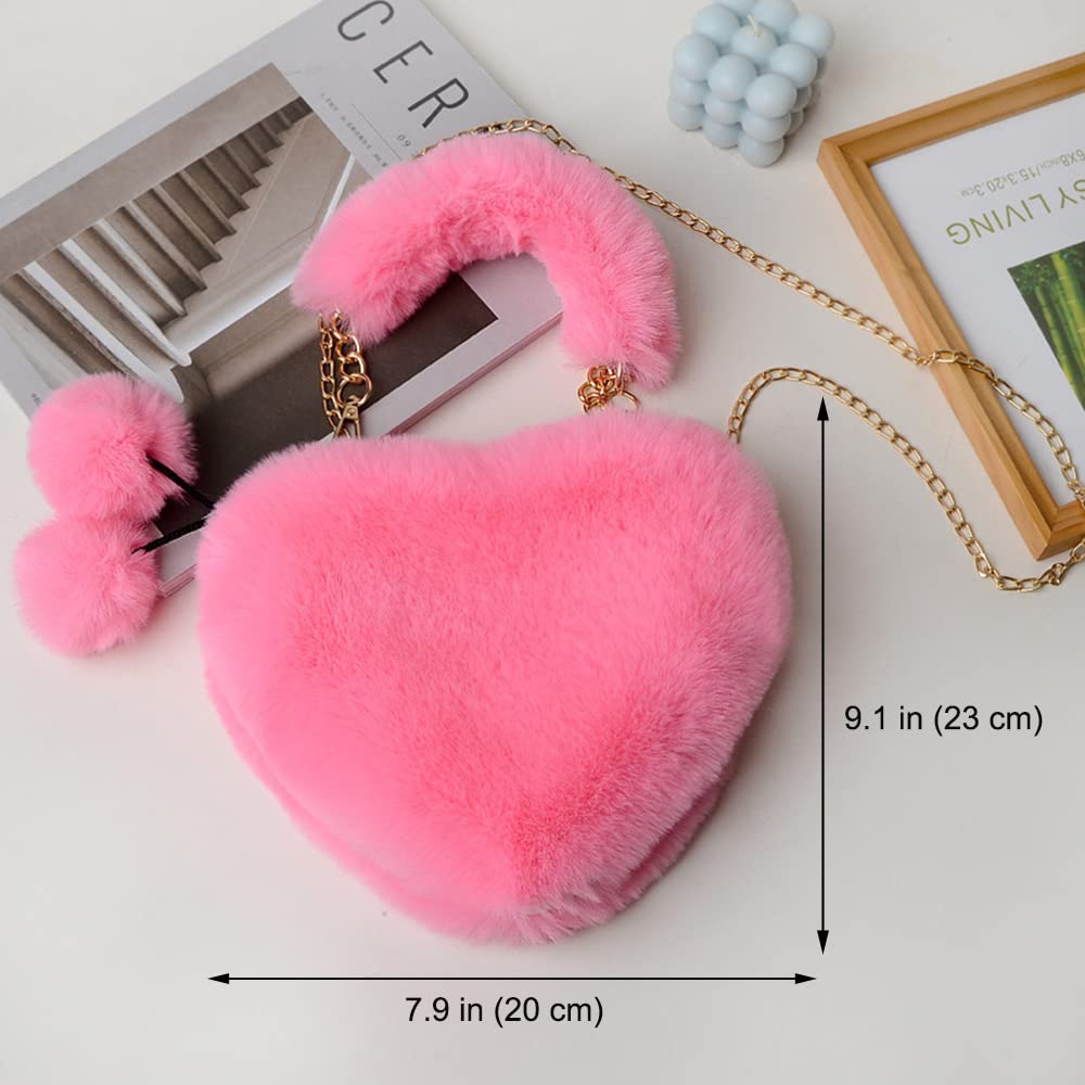 Rejolly Fluffy Faux Fur Heart Shaped Purse for Women & Girls - Soft Small Shoulder Bag Clutch Handbag for Parties, Dates & Everyday Use