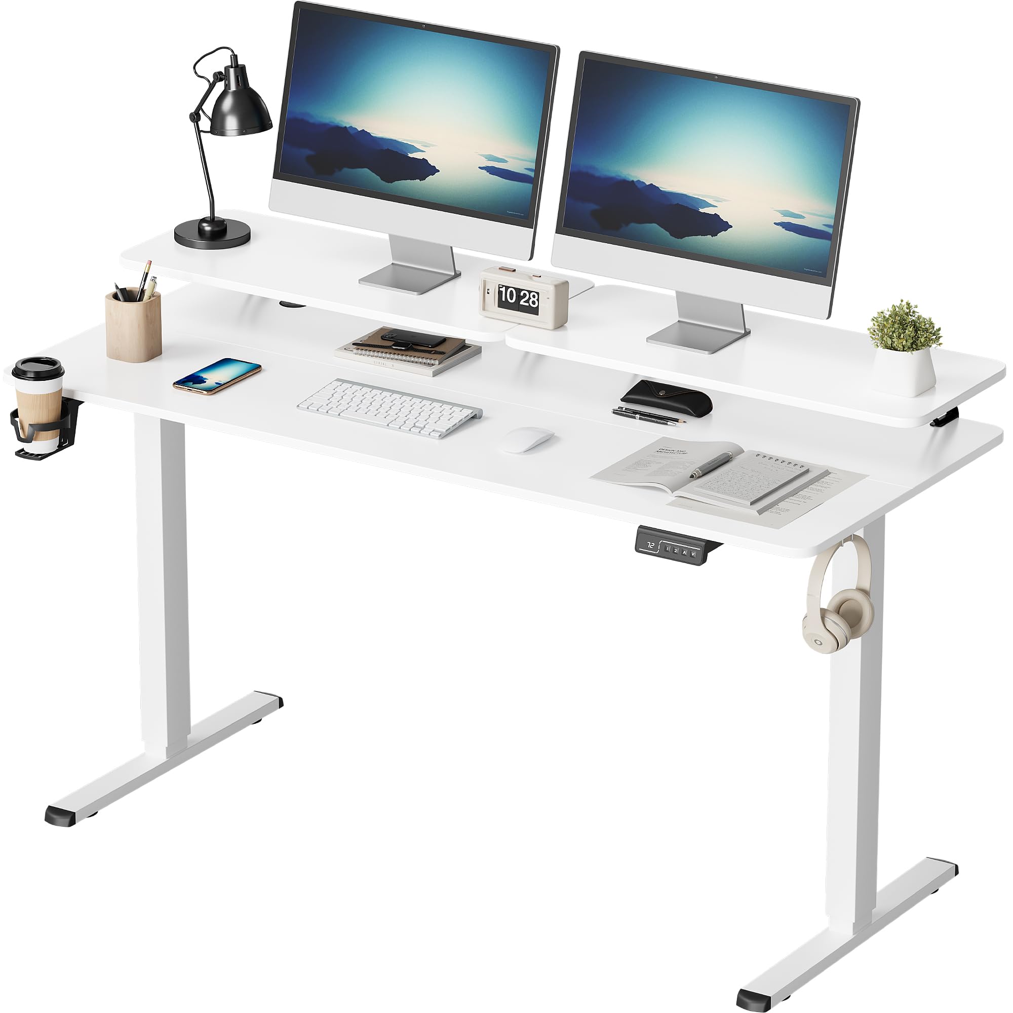 Furmax 55 x 24 Inches Electric Height Adjustable Standing Desk with Monitor & Laptop Workstation - Sit Stand Up Computer Desk with Cable Management Holes, Cup Holder & Hook, White - Perfect for Home Office, Gaming Setup & Remote Work