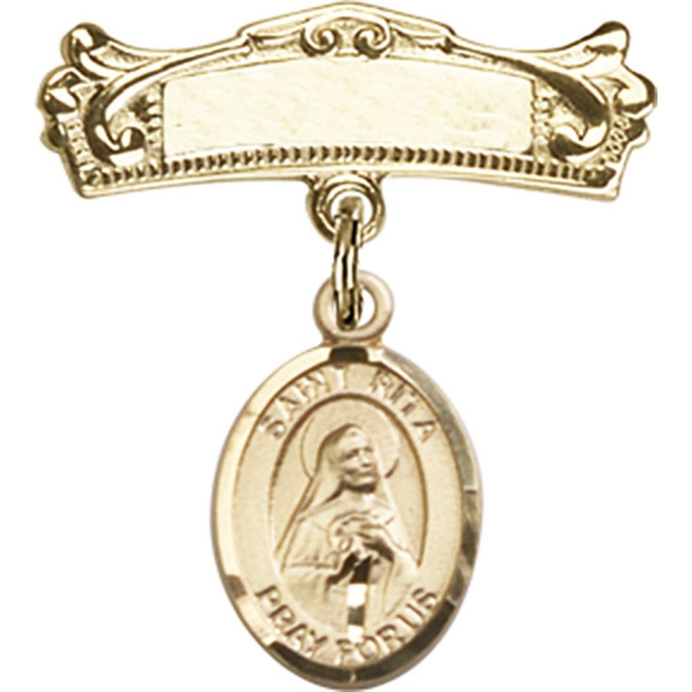St. Rita Gold Filled Baby Badge with Baseball Charm - 7/8