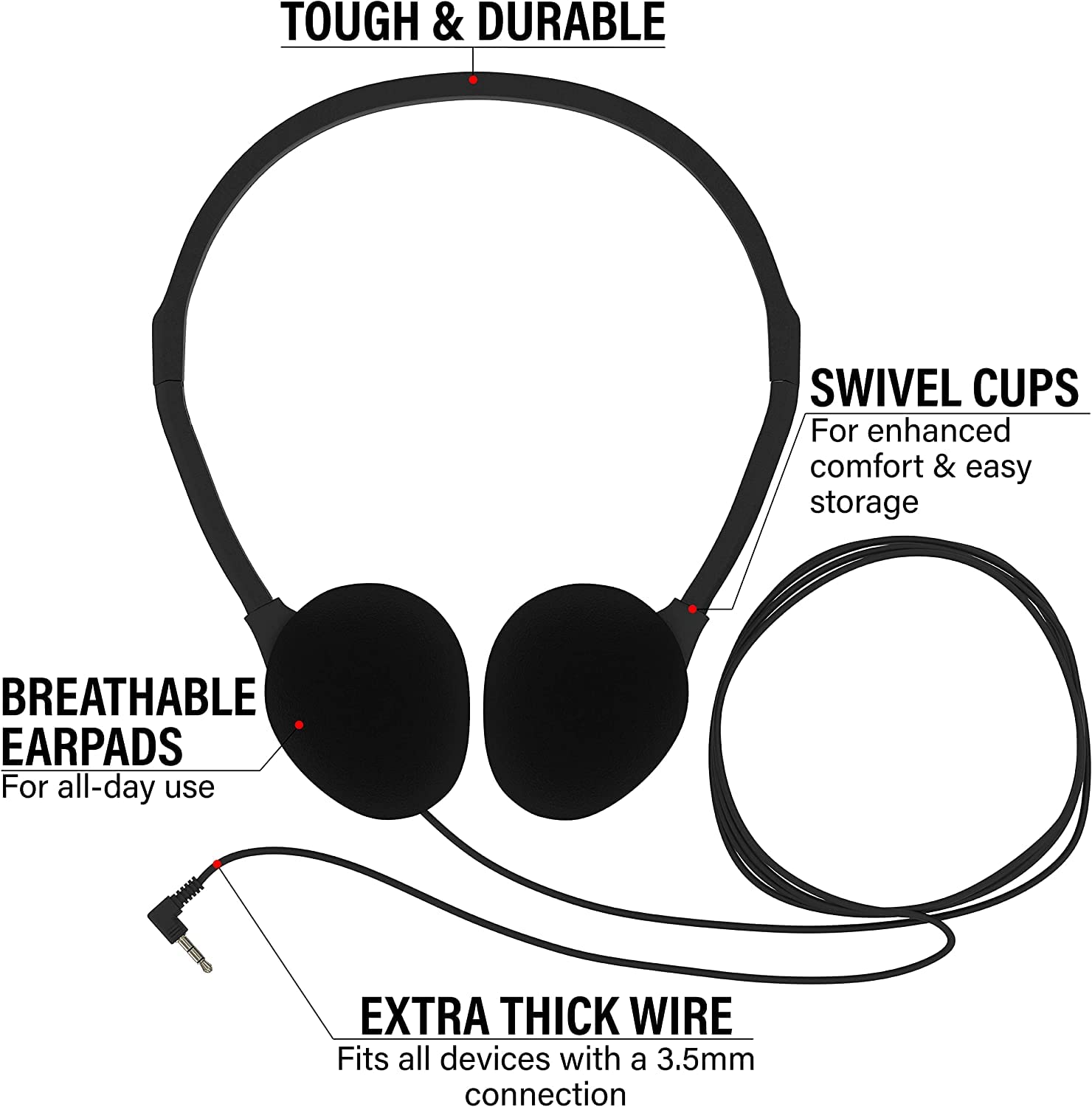 Bulk Headphones 200 Pack - 3.5mm Wired Earphones with Tangle-Free Cord - Black - Perfect for Schools, Gyms, Libraries & Call Centers