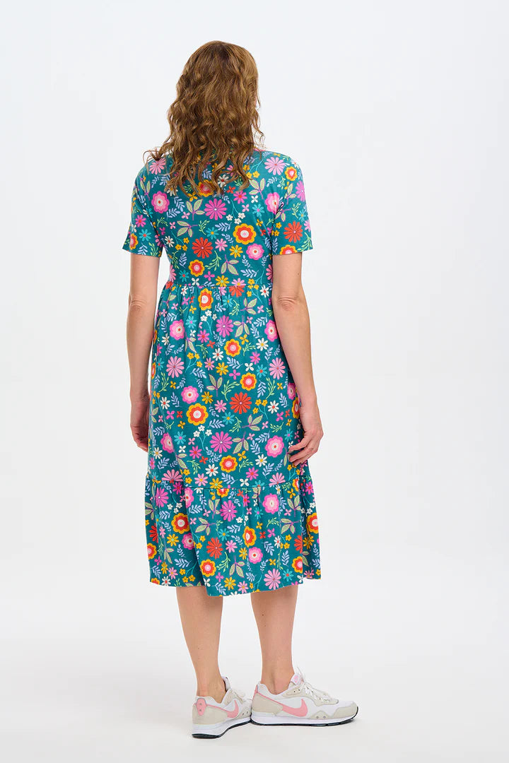 Heather Jersey Midi Smock Dress - Floral Print Tea Green Boho Style Summer Dress for Women | Perfect for Beach Vacation, Date Night & Casual Outings
