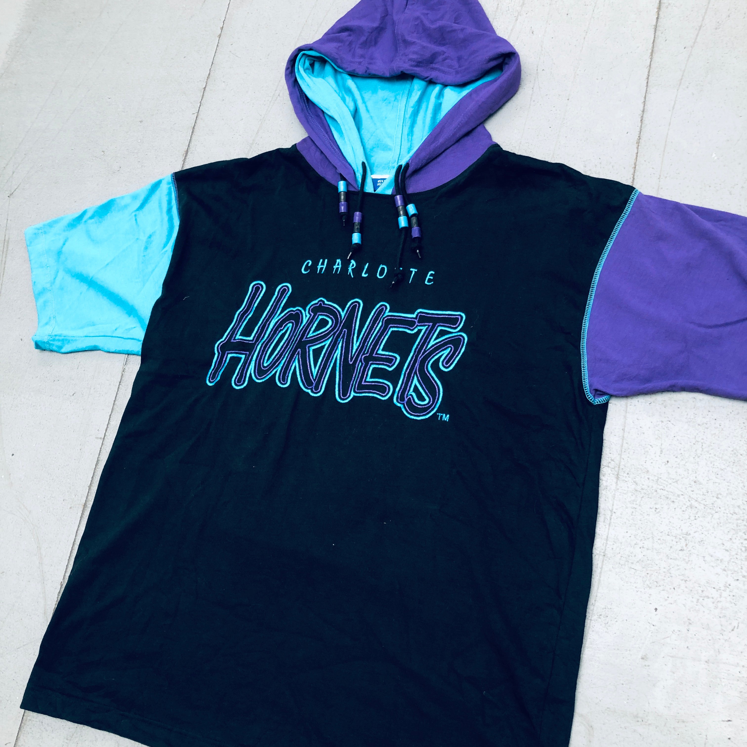 Vintage 1990s Charlotte Hornets Graffiti Spellout Double Hooded Starter Sweatshirt - Large/XL - Retro NBA Basketball Fan Apparel for Men, Streetwear & Game Day Outfits
