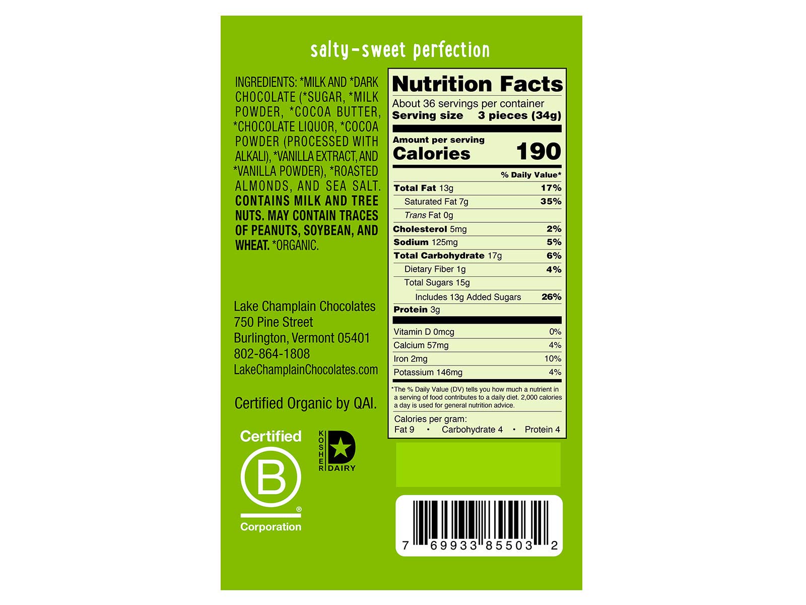 Organic Sea Salt & Almond Milk Chocolate Square by Lake Champlain Chocolates - 0.4oz (12g) - Gourmet Dark Chocolate with Nuts - Perfect for Gifts, Dessert & Snacking