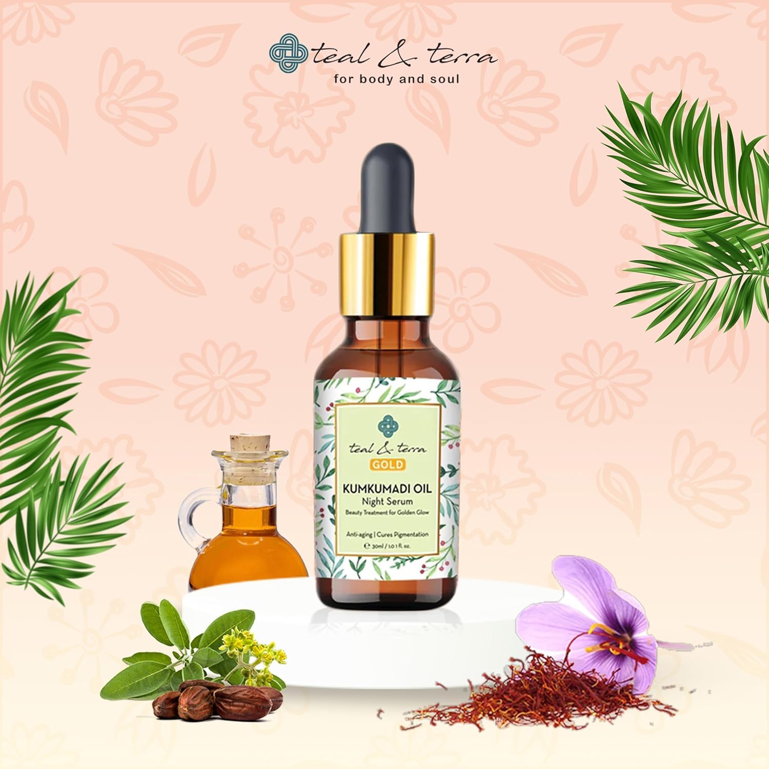 Teal & Terra Skincare Set: Kumkumadi Face Oil (30ml) & Premium Body Oil (200ml) - Brightening Night Serum for Glowing Skin, Reduces Pigmentation & Dark Spots | Anti-Aging Treatment for Healthy Complexion | Perfect for Nighttime Routine & Spa Days